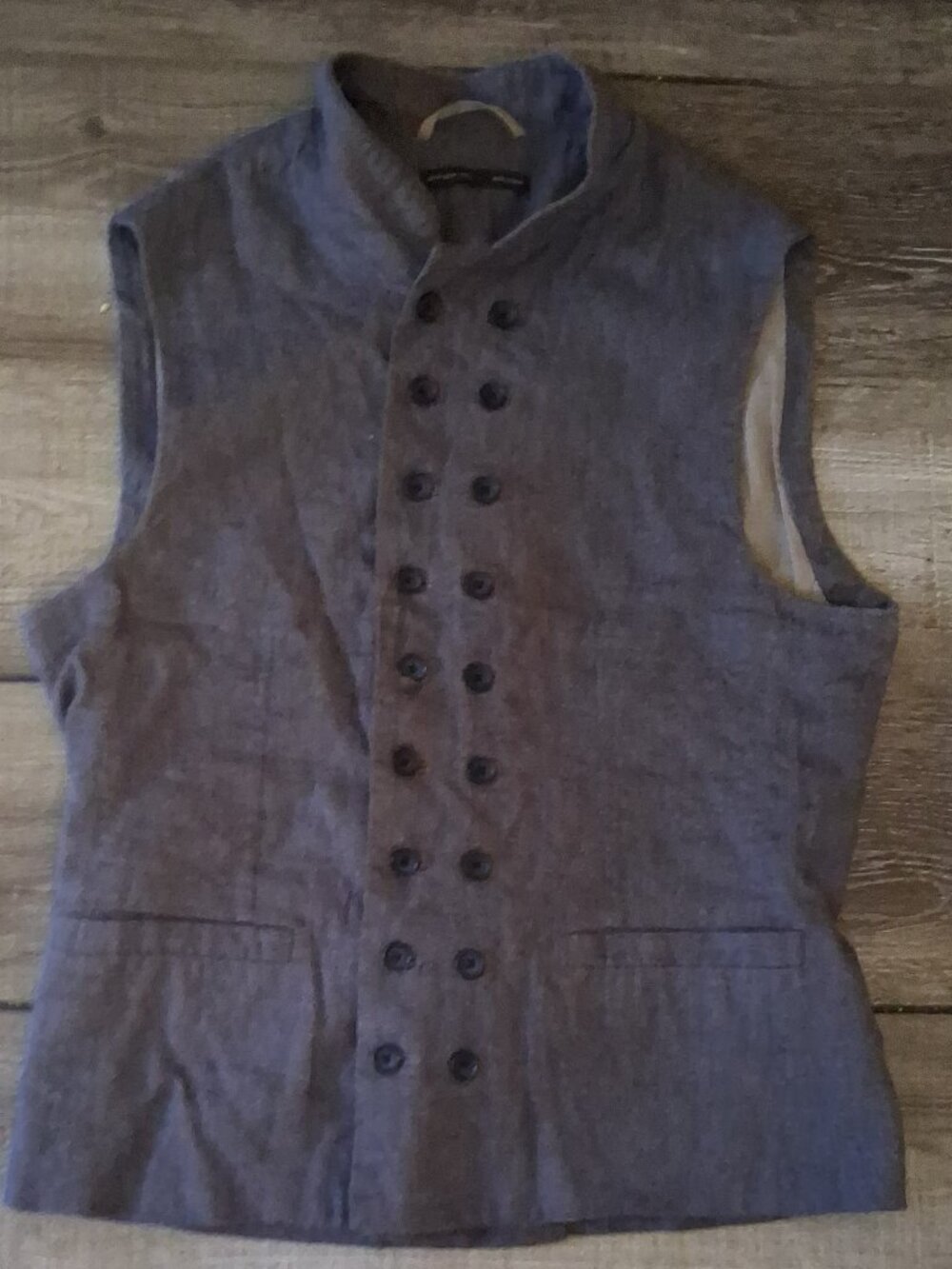 ZARA Linen Vest  Double Button Medium Gray Tie Back Lagenlook